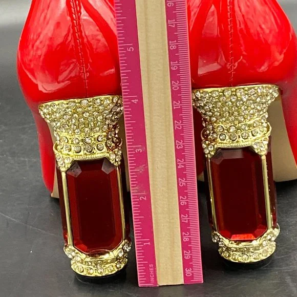FSJ Red Bridal Pointed Toe Chunky Block Low Heel Crystal Pump - Picture 7 of 9